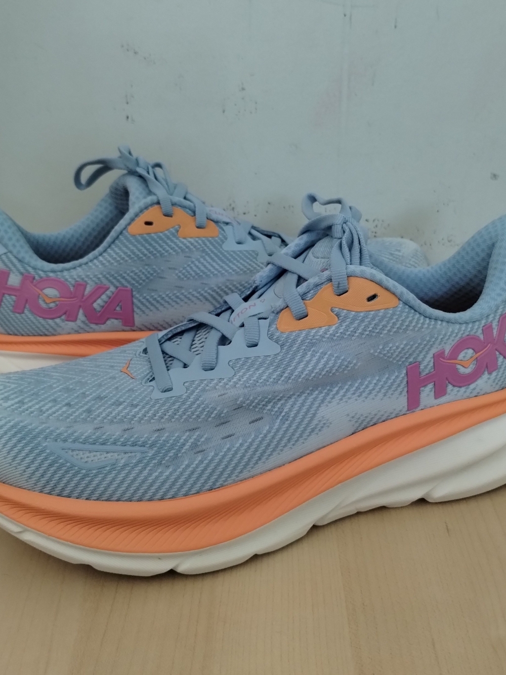 Hoka Clifton 9 Women’s Sky Blue & Peach Road-Running Sneakers